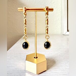 RARE VINTAGE KARL LAGERFELD KL GOLD TONE & BLACK OVAL CRYSTAL DANGLE EARRINGS